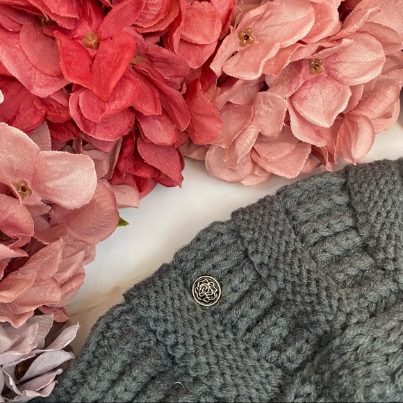 Dark Gray Knit Criss Cross Ponytail Pom Pom Beanie with Mask Buttons - Picture 11 of 15